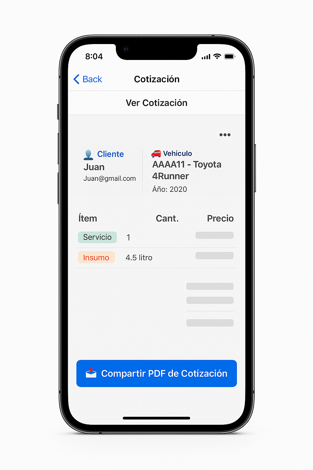 Interfaz de Cotizaciones en Appli-Car - Software de gestión para talleres mecánicos
