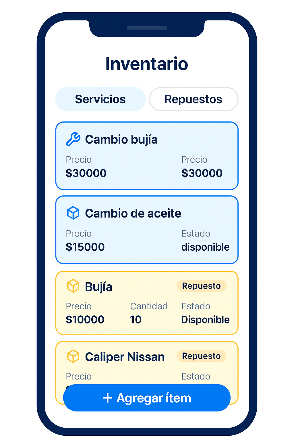 Interfaz de Inventario en Appli-Car - Software de gestión para talleres mecánicos