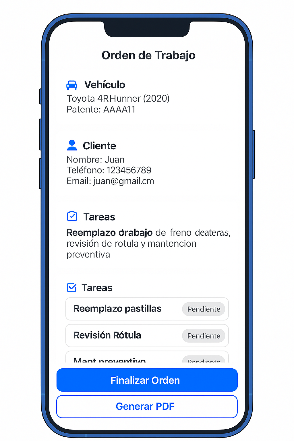 Interfaz de Órdenes de trabajo en Appli-Car - Software de gestión para talleres mecánicos